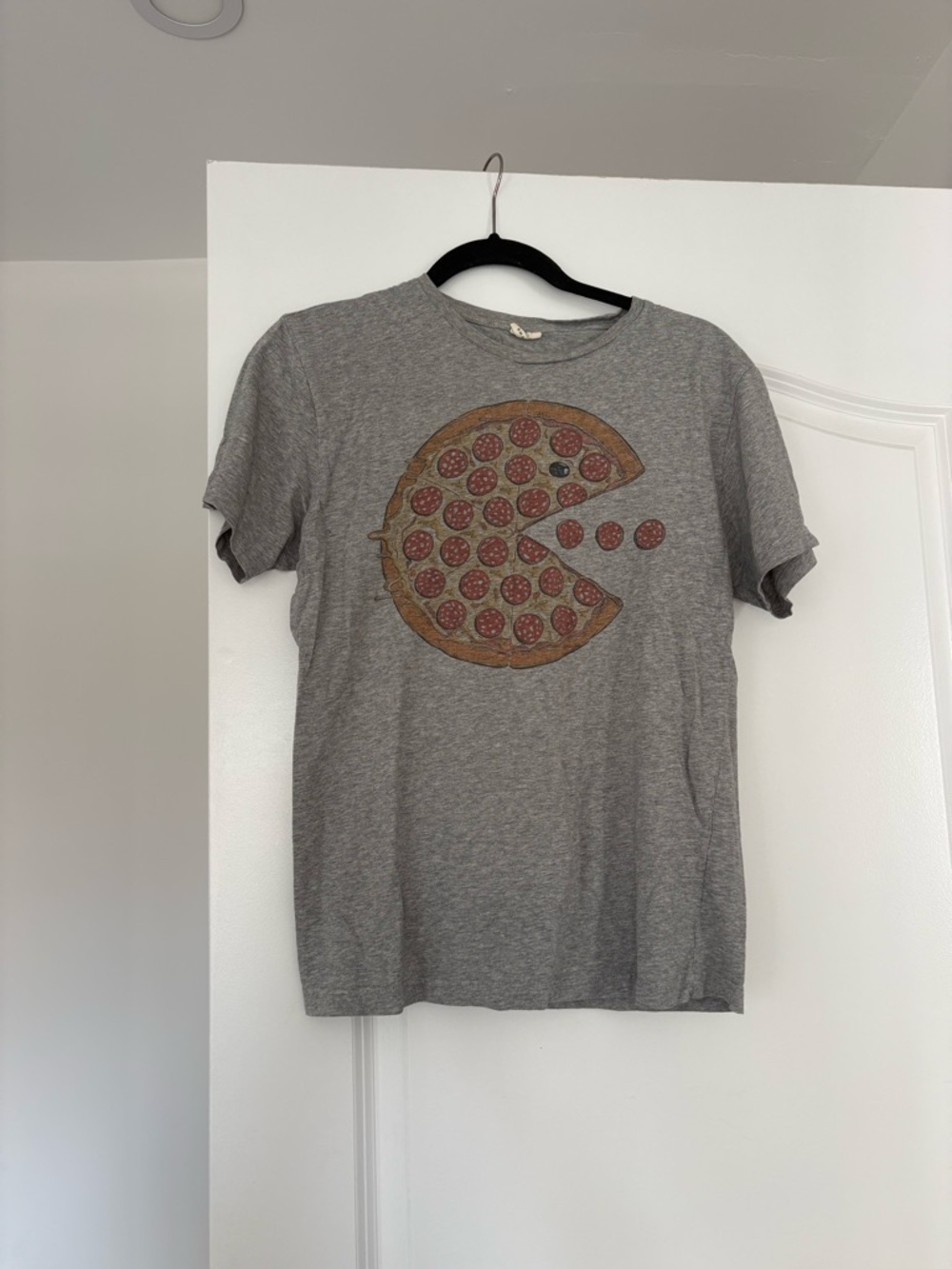 Gray Short Sleeve Tee with Pizza Pac-Man Graphic